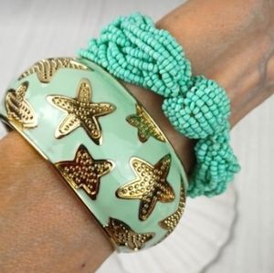 Multi Strand Braided Bead Stretch Gold Tone Starfish Graphic Bangle Duo